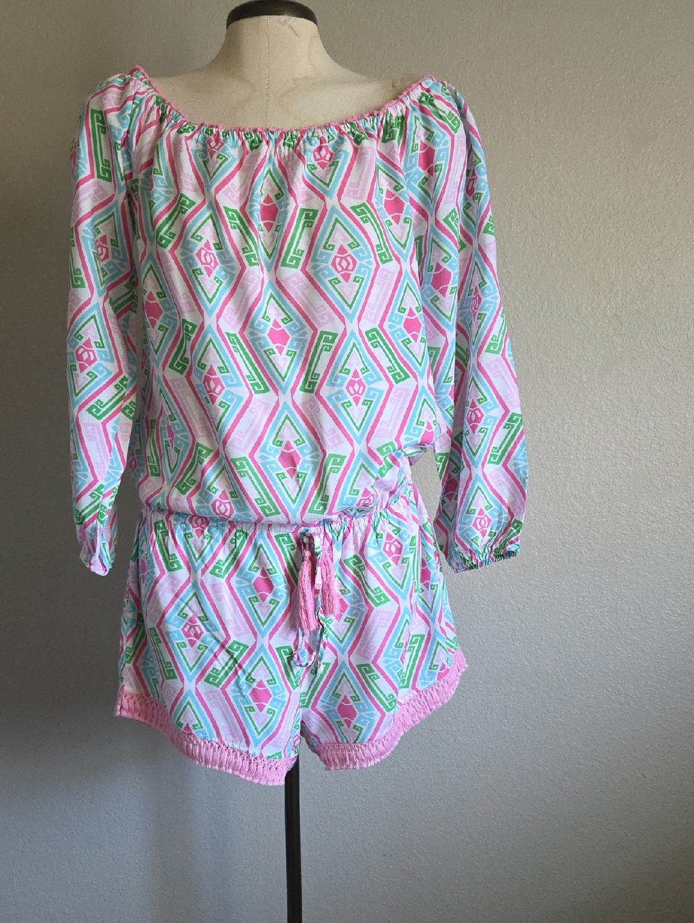 Macbeth Collection by Margaret Josephs Pink, Green & White Off-Shoulder Romper - Picture 2 of 6